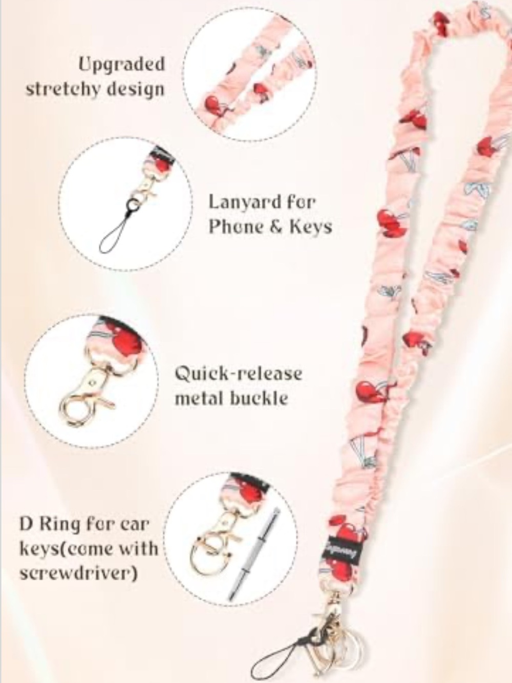 NWT Pink Cherry Scrunchie Lanyard with Quick-Release Buckle